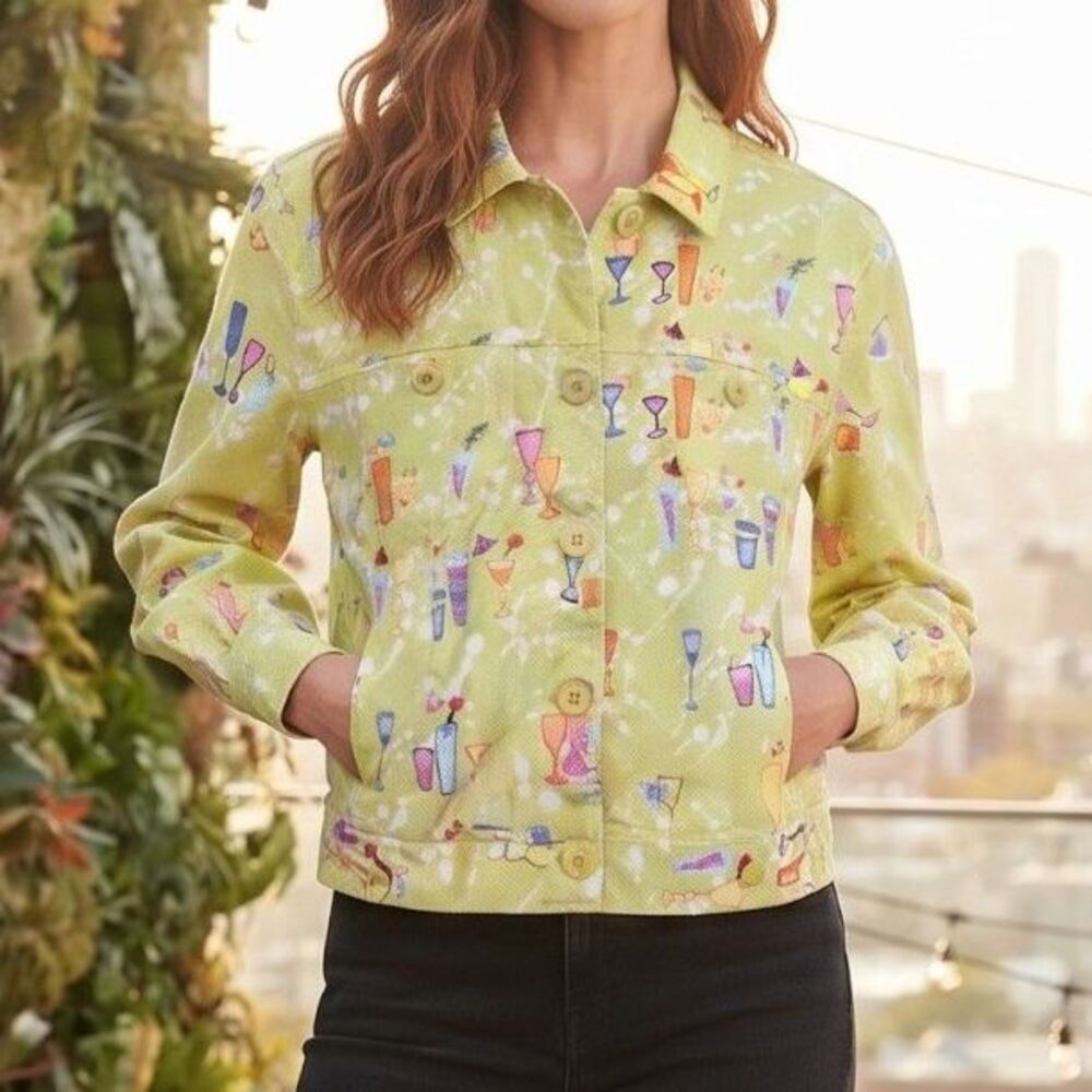 Weekend Traffic Large Lime Green Novelty Cocktail Drink Print Button Up Jacket L